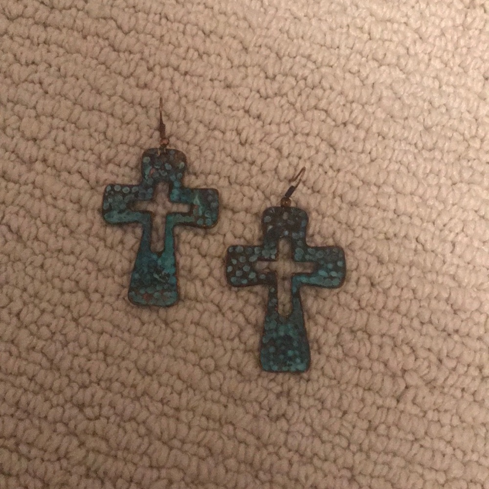 Blue Patina Cross Earrings-excellent used conditio